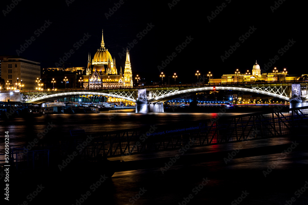 The Buda Royal Palace, Parlament, Margaret Bridge and the Danube bank at night, Budapest, Hungary