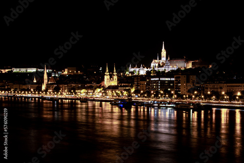 Matthias Church  Fisherman s Bastion and the night lights of the Danube bank  Budapest  Hungary
