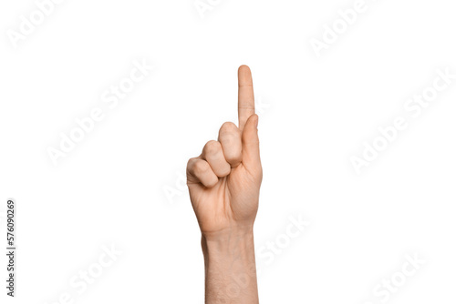 A man's hand points the direction with his finger. Points up. Index finger pressing something. Isolate on a white background.