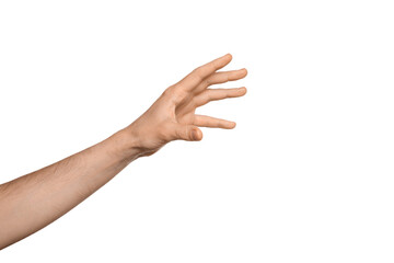 A man's hand reaches for something or holds something, fingers wide open. Isolate on a white background.