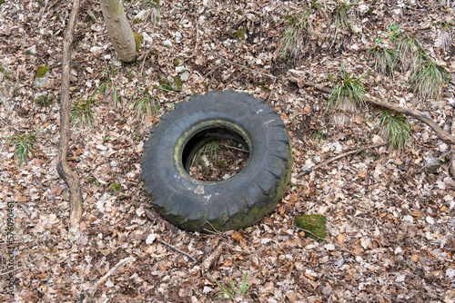 Tire discarded as garbage in forest debris