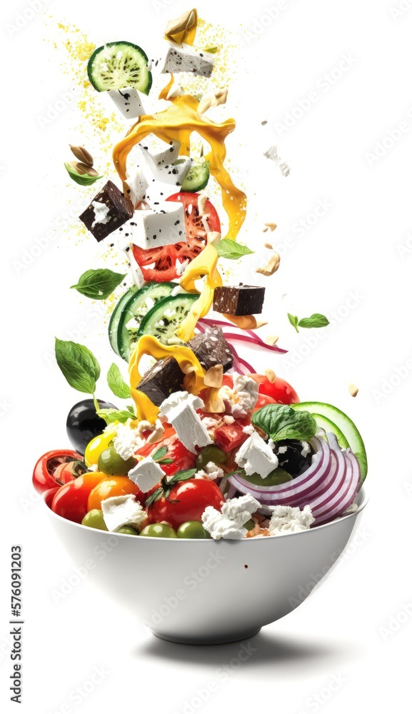 Delicious Tasty Greek Salad Falling in a Bowl. Healthy Food, Fresh Vegetables with Sauce. Isolated on a white Background. Generative AI. 