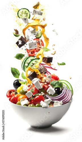 Delicious Tasty Greek Salad Falling in a Bowl. Healthy Food  Fresh Vegetables with Sauce. Isolated on a white Background. Generative AI. 
