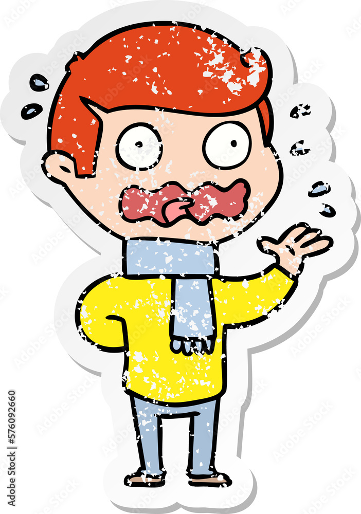 distressed sticker of a cartoon man totally stressed out