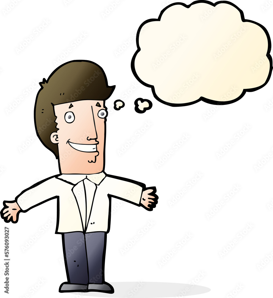 cartoon grining man with open arms with thought bubble cartoon grining man with open arms with thought bubble