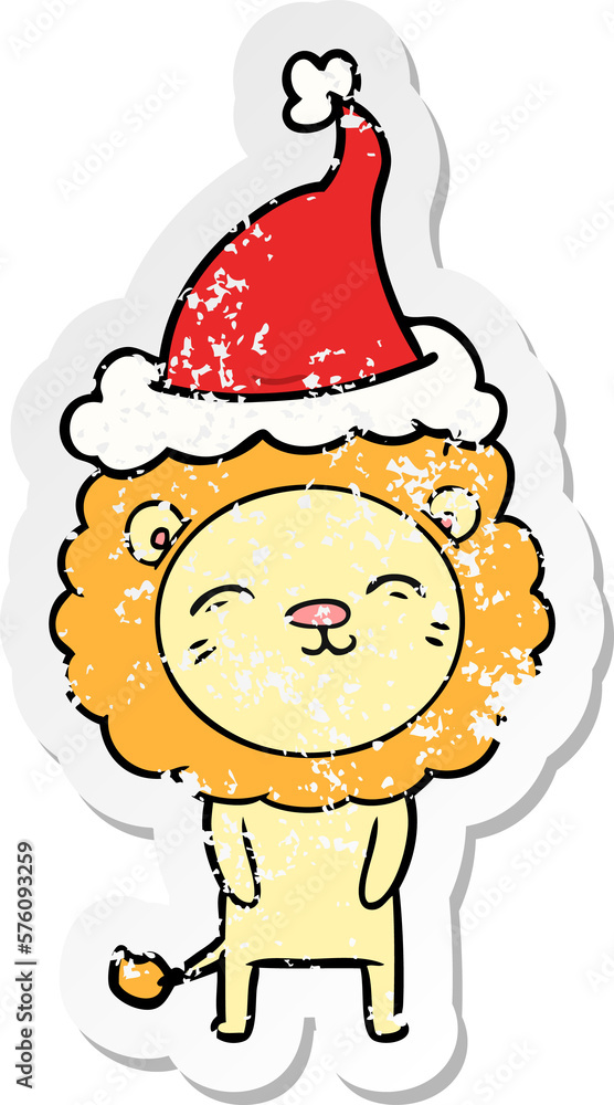 distressed sticker cartoon of a lion wearing santa hat distressed sticker cartoon of a lion wearing santa hat