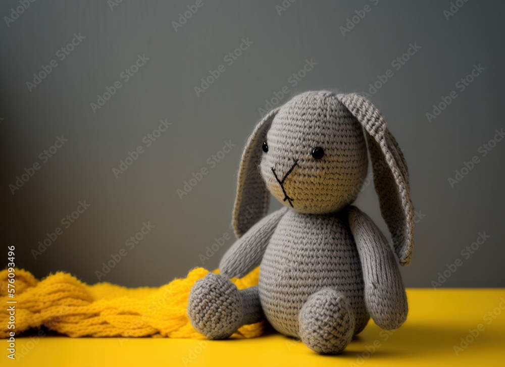 Knitted toy rabbit  for baby isolated on gray background, soft knitted bunny toy for children to play. Generative AI.