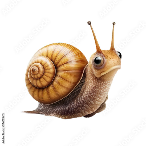 Cute detailed snail closeup portrait with big eyes and shelf on isolated white background 