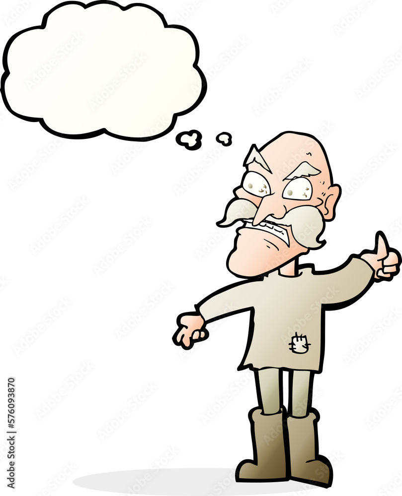 cartoon angry old man in patched clothing with thought bubble