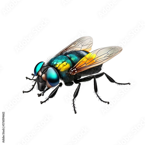 Detailed housefly with colorful body and big eyes closeup on isolated white background