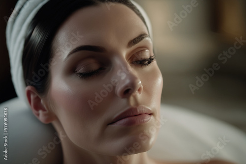 Relaxing Facial Experience  A beautiful Woman Receiving Gentle Touch in a Calming SPA Environment Ai generative
