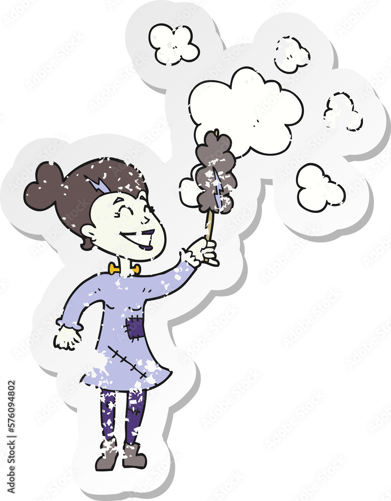 retro distressed sticker of a cartoon zombie woman dusting retro distressed sticker of a cartoon zombie woman dusting