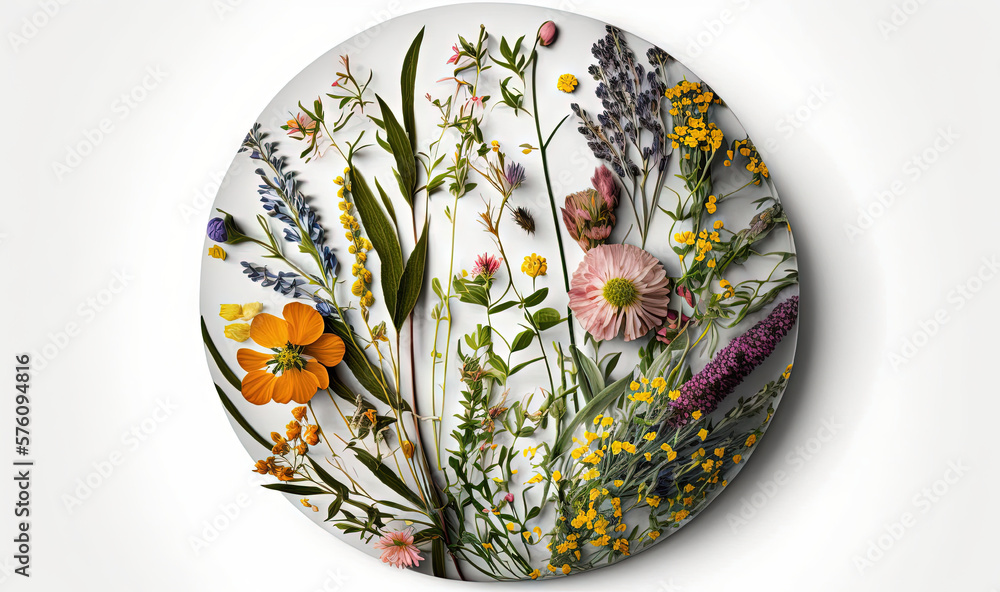  a white plate with a bunch of flowers on it's side.  generative ai