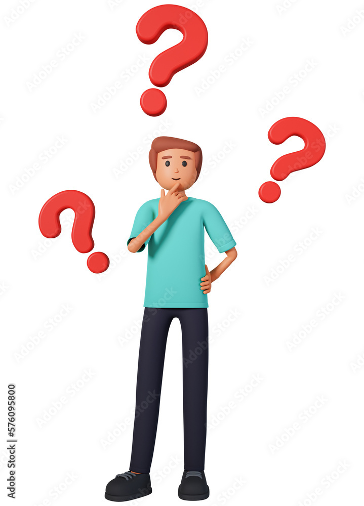 3D illustration of young man and three question marks around him. Man ...