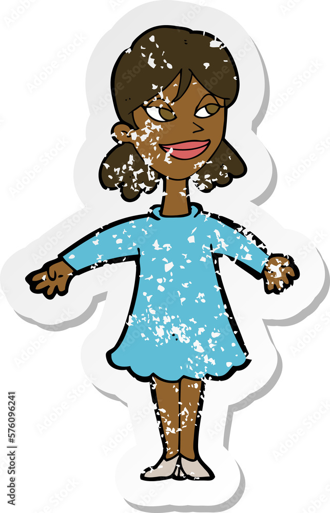 retro distressed sticker of a cartoon woman with open arms retro distressed sticker of a cartoon woman with open arms