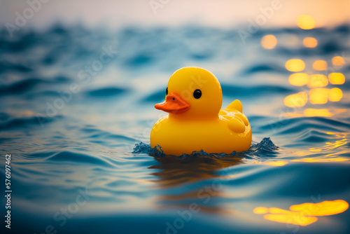 Yellow rubber duck toy floating in water. Generative AI photo