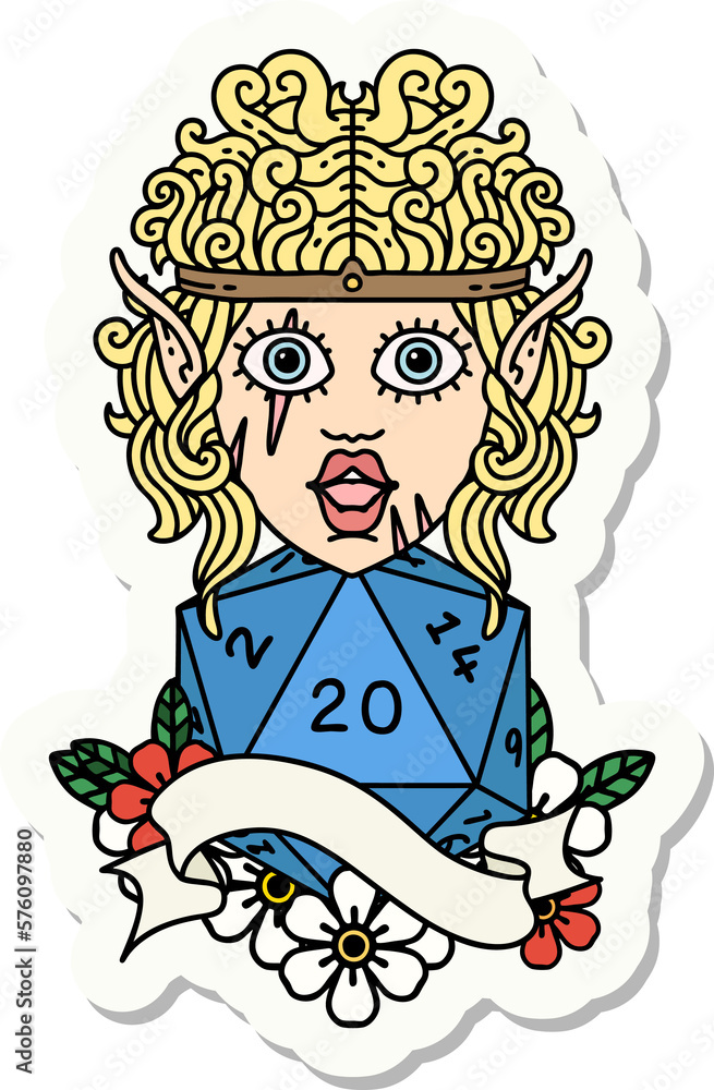 elf barbarian character face with natural twenty dice roll sticker elf barbarian character face with natural twenty dice roll sticker
