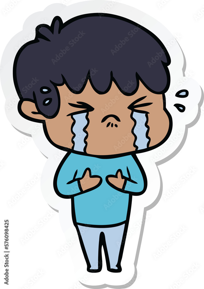 sticker of a cartoon boy crying