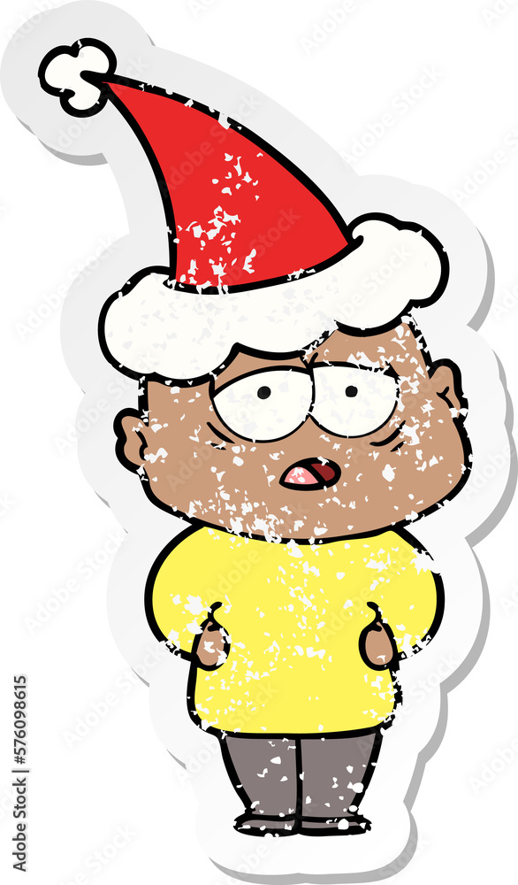 distressed sticker cartoon of a tired bald man wearing santa hat distressed sticker cartoon of a tired bald man wearing santa hat