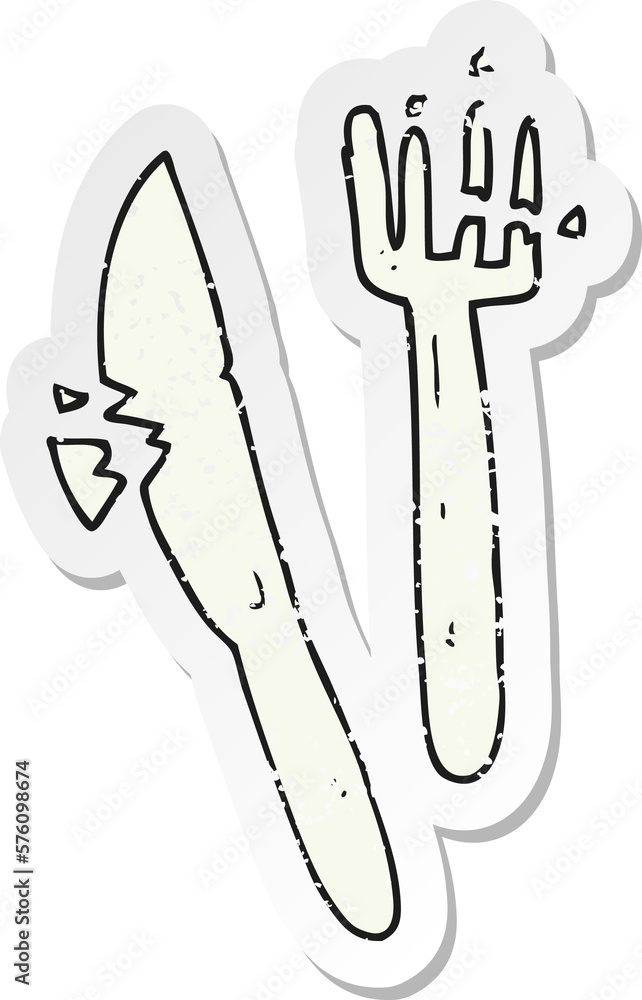 retro distressed sticker of a cartoon cracked plastic cutlery retro distressed sticker of a cartoon cracked plastic cutlery