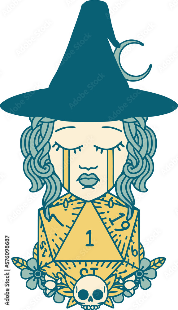 crying human witch with natural one D20 dice roll illustration crying human witch with natural one D20 dice roll illustration