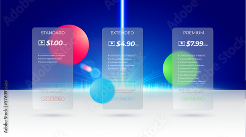 Transparent glass tariff plates with blurred circles on the background on a white shelf with a blue light beam on the background. Trendy glassmorphism design. Modern subscription plan template.