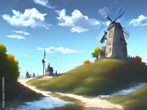 Old Windmill, Oil Paint, Generative AI Illustration photo