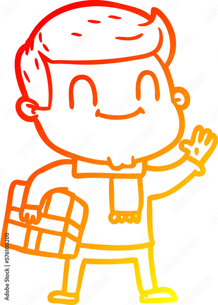 warm gradient line drawing cartoon friendly man with xmas gift warm gradient line drawing cartoon friendly man with xmas gift