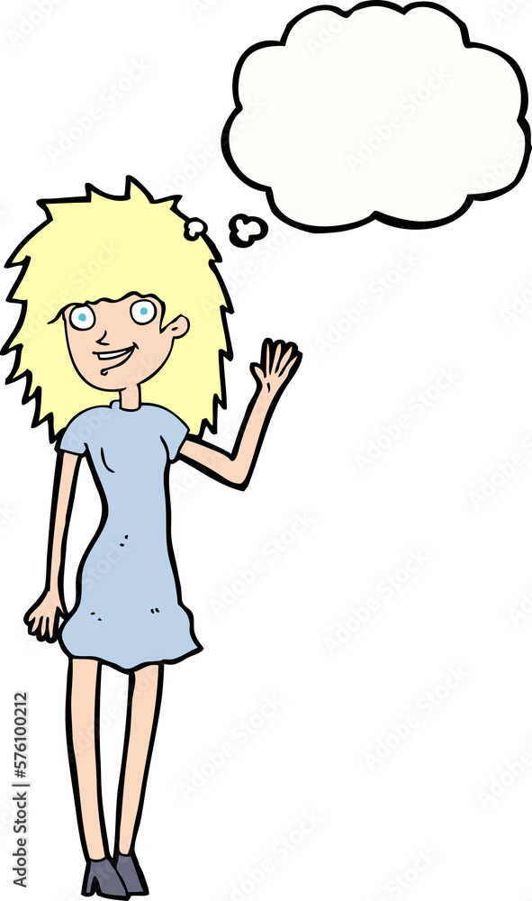 cartoon happy woman waving with thought bubble
