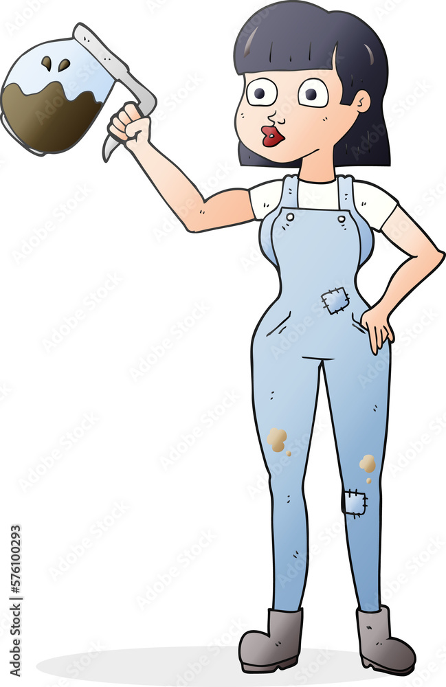 cartoon woman in dungarees with coffee cartoon woman in dungarees with coffee