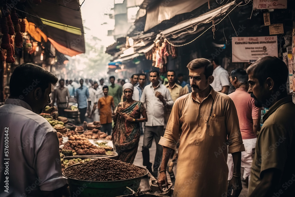 Busy Street Market in Mumbai with Vendors and Colorful Merchandise AI Generative
