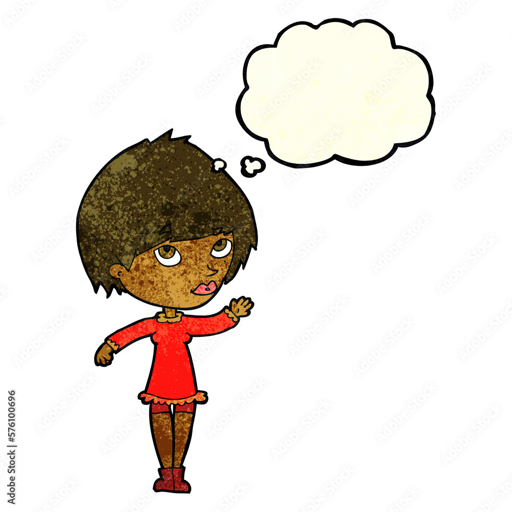 cartoon woman waving with thought bubble cartoon woman waving with thought bubble