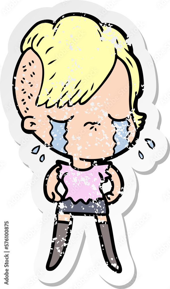 distressed sticker of a cartoon crying girl distressed sticker of a cartoon crying girl