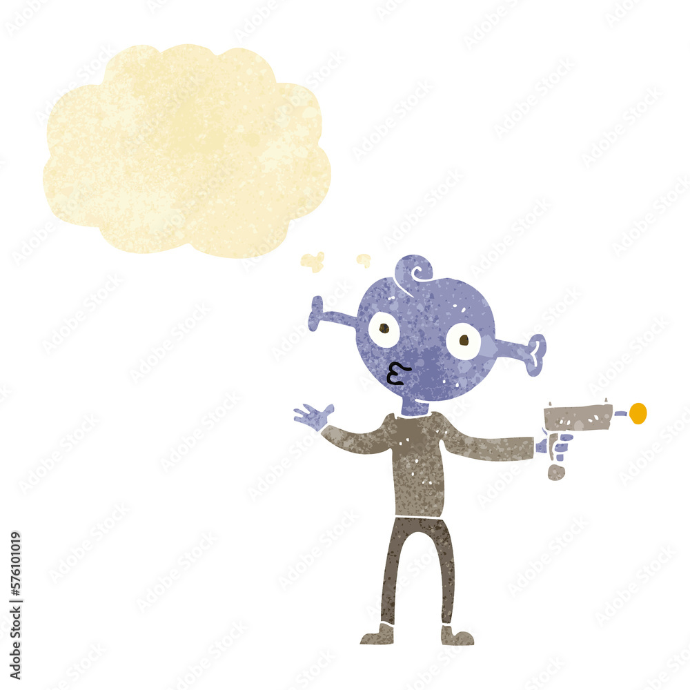 cartoon alien with ray gun with thought bubble cartoon alien with ray gun with thought bubble