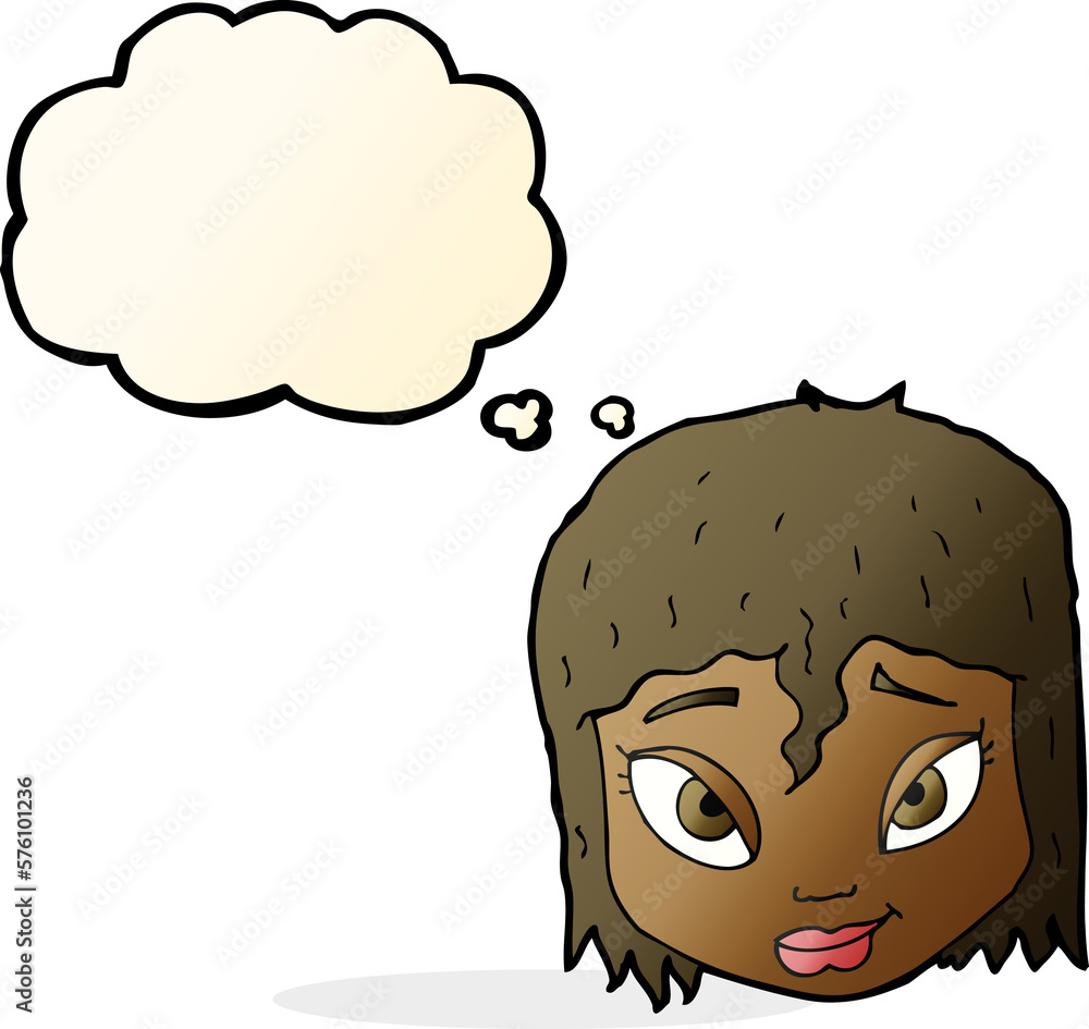 cartoon female face with thought bubble