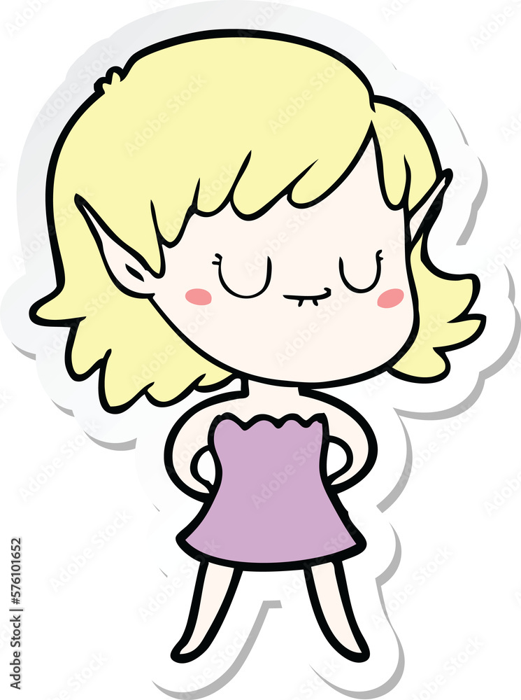 sticker of a happy cartoon elf girl wearing dress sticker of a happy cartoon elf girl wearing dress