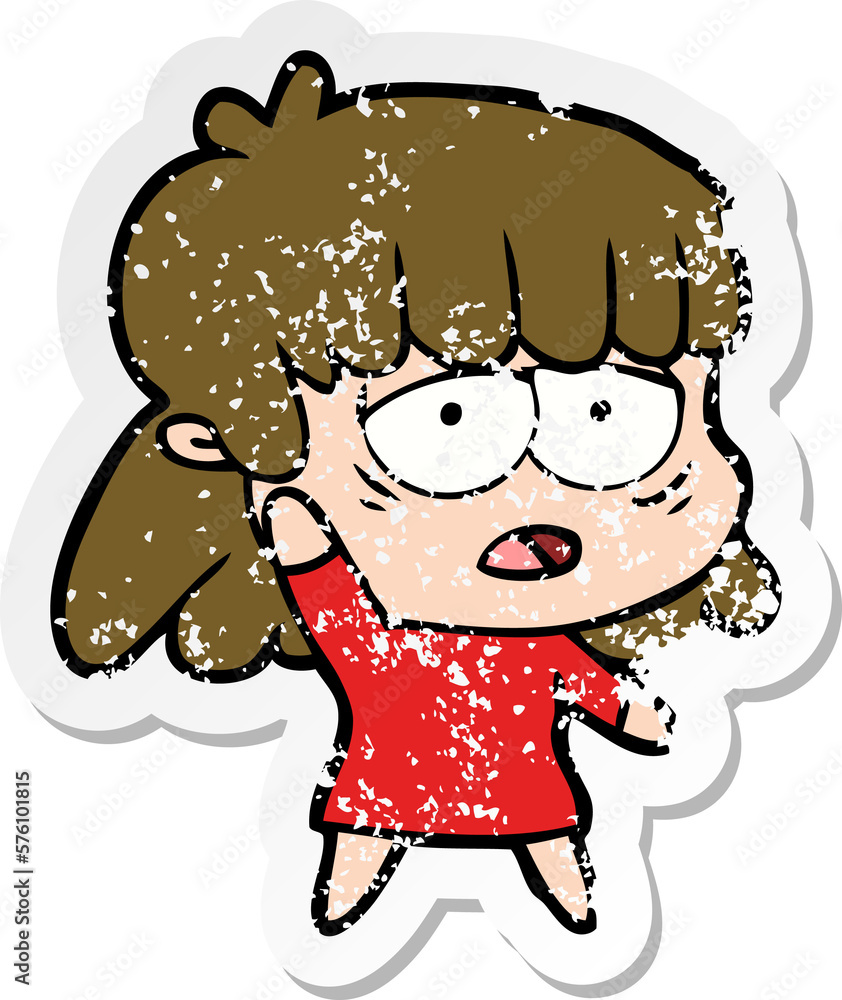 distressed sticker of a cartoon tired woman waving distressed sticker of a cartoon tired woman waving