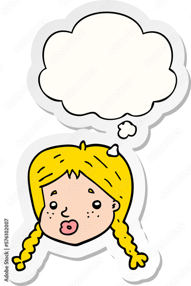 cartoon girls face and thought bubble as a printed sticker cartoon girls face and thought bubble as a printed sticker