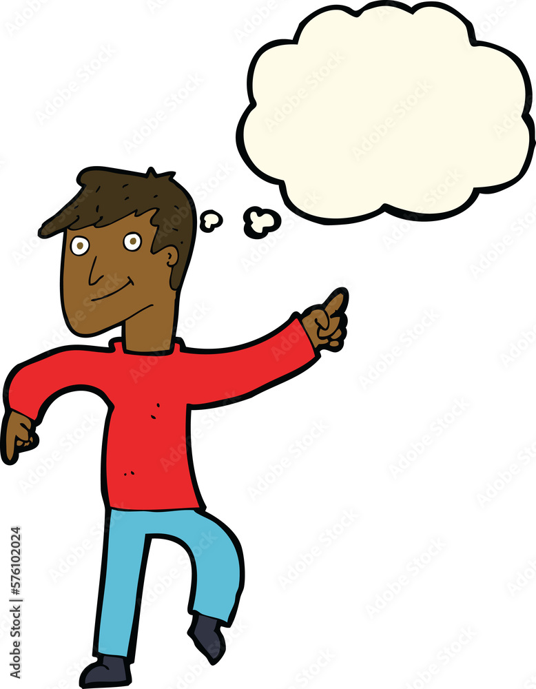 cartoon happy man pointing with thought bubble cartoon happy man pointing with thought bubble