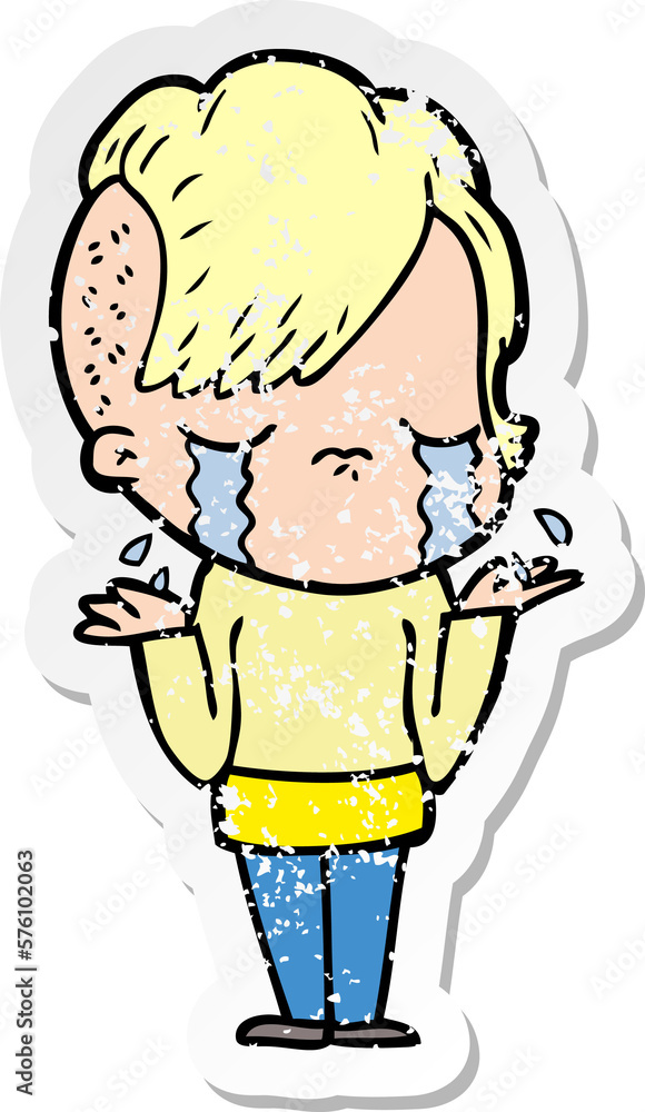 distressed sticker of a cartoon crying girl distressed sticker of a cartoon crying girl