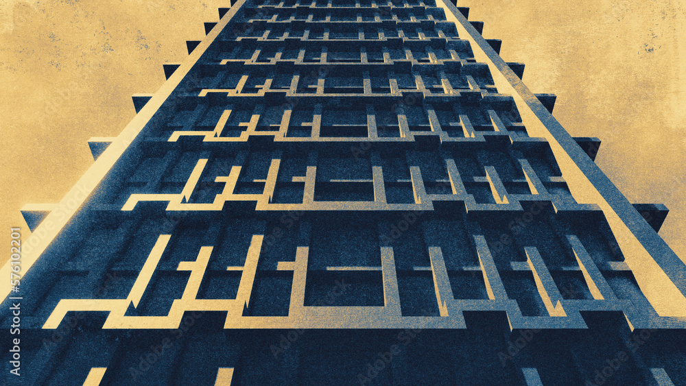 Fototapeta premium Abstract brutalist concrete building seen in bottom up view with muted blue and yellow duotone palette and grainy vintage print texture effect