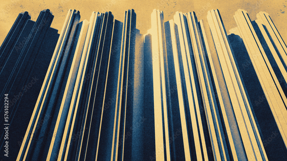 Towering abstract Art deco-like architectural structures hit by sunlight with strong shadows in muted blue and yellow color palette with subtle gradients and grainy vintage print texture effect Towering abstract Art deco-like architectural structures hit by sunlight with strong shadows in muted blue and yellow color palette with subtle gradients and grainy vintage print texture effect