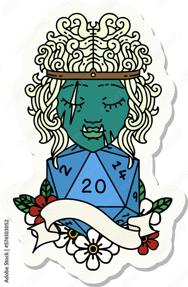 half orc barbarian character with natural twenty dice roll sticker half orc barbarian character with natural twenty dice roll sticker