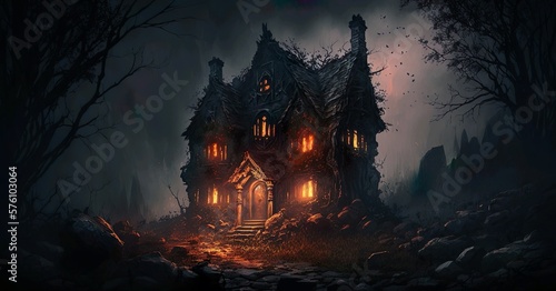 Spooky horror abandoned house in the middle of nowhere with dark background terrifying ghoulish scenery in spooky night Generative AI © INFINITO