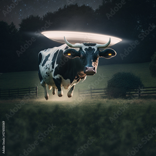 a cow being abducted in a pasture