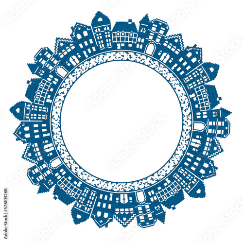 Vector drawing - a round plate with a pattern in the form of city houses