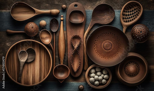  a collection of wooden spoons and spoons on a table. generative ai