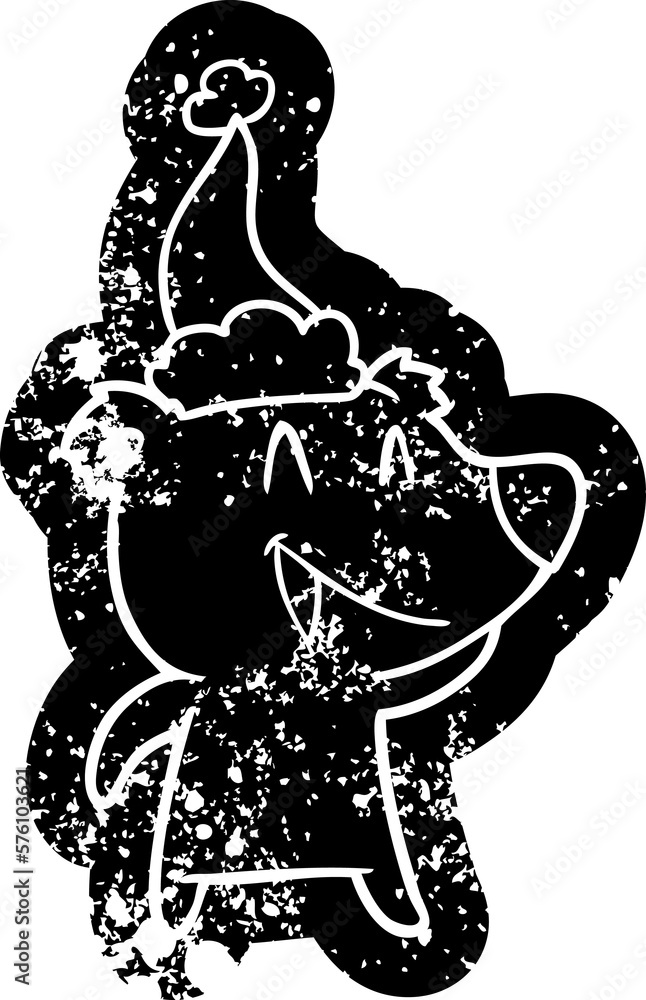 Fototapeta premium laughing bear cartoon distressed icon of a wearing santa hat