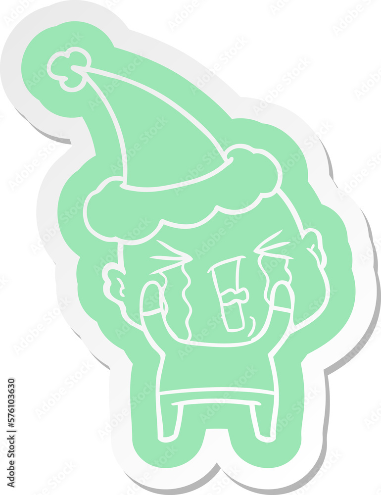 cartoon sticker of a crying bald man wearing santa hat cartoon sticker of a crying bald man wearing santa hat
