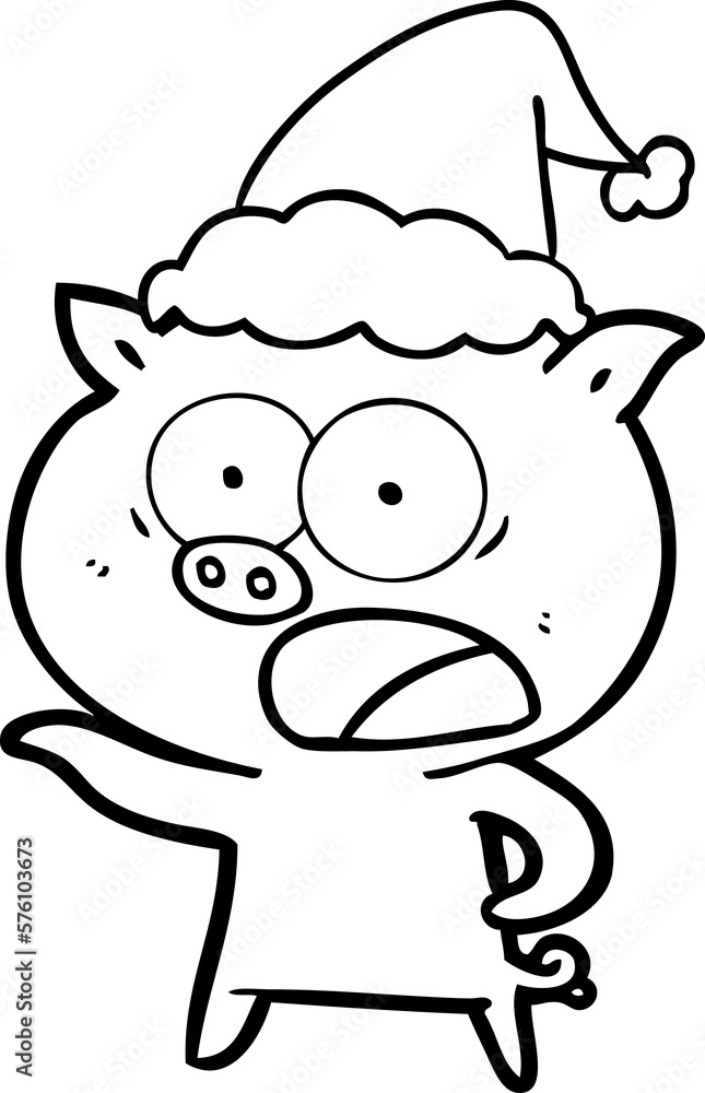 line drawing of a pig shouting wearing santa hat line drawing of a pig shouting wearing santa hat